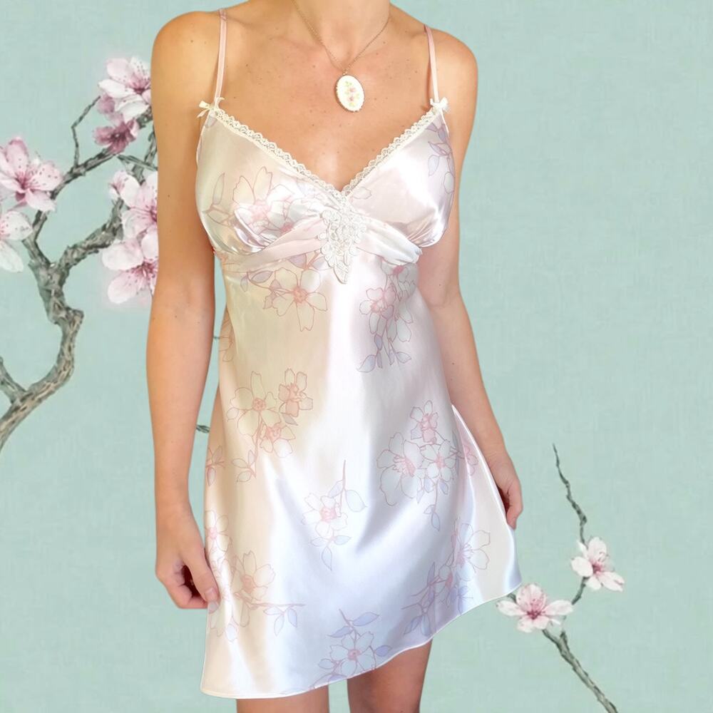 Y2K Blush Pink Sakura Floral Satin Slip Dress | Coquette Fairy Lingerie L